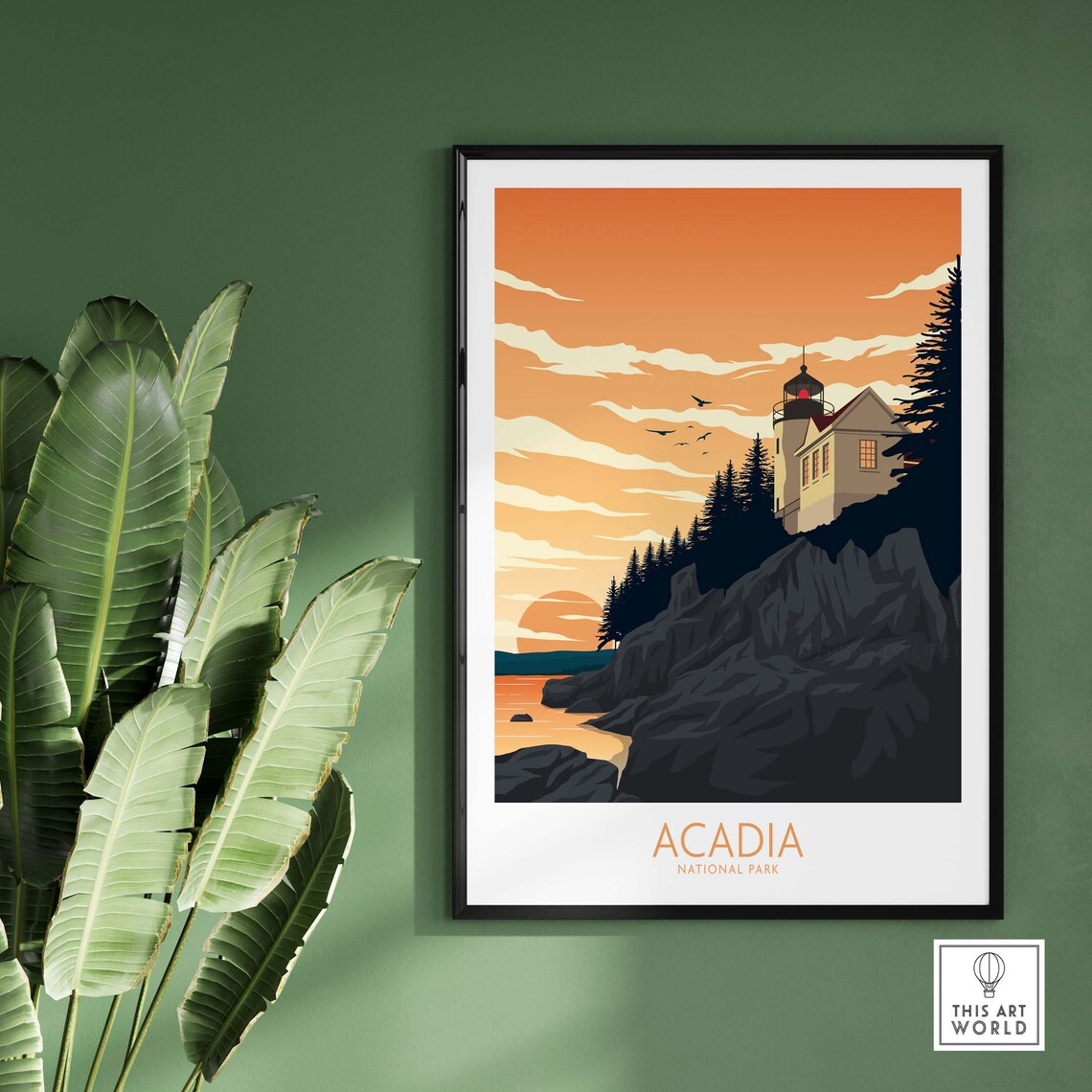 Acadia National Park Maine Lighthouse Sunset Illustration Travel Poster - Image 2