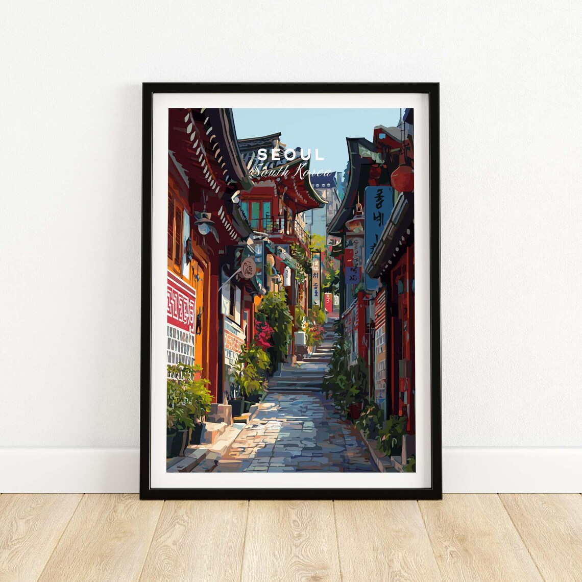 Seoul South Korea Historic Hanok Old Town Street Travel Poster