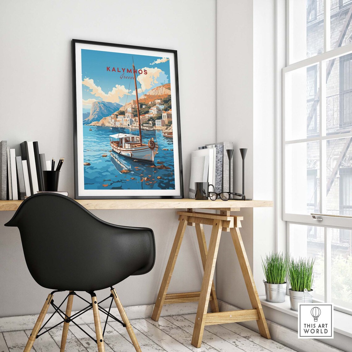 Kalymnos Greece Sunny Harbor Wooden Boat Rocky Cliff Town View Poster - Image 4