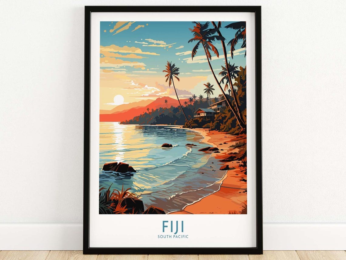 Fiji South Pacific Palm Beach Sunset Scene Vintage Travel Poster