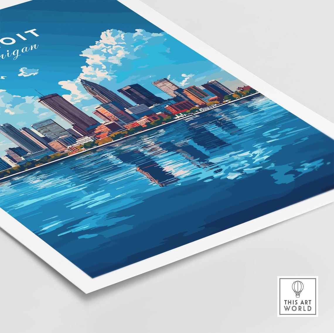 Detroit Michigan Summer Skyline Blue Water Vintage Travel Poster - Image 4