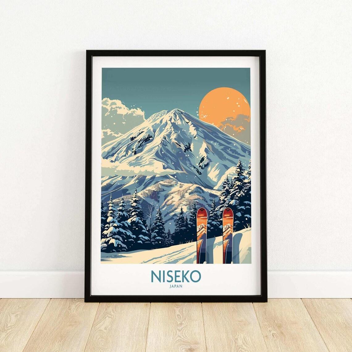Niseko Japan Snowy Mountain Sunset Skis Standing in Fresh Powder Poster