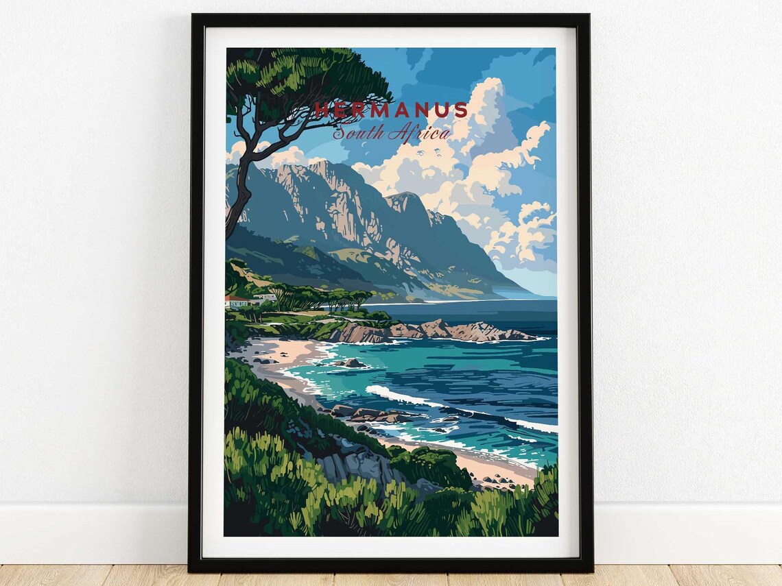 Hermanus South Africa Rocky Coast and Mountain Cliffs Travel Poster