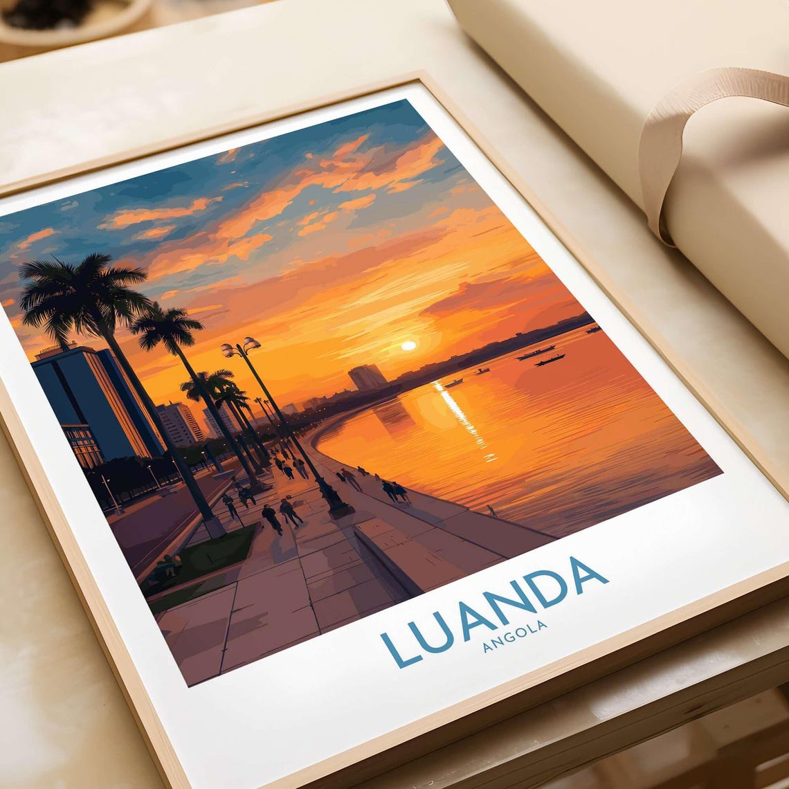 Luanda Angola Fiery Sunset Promenade Palm Lined Shore Travel Poster