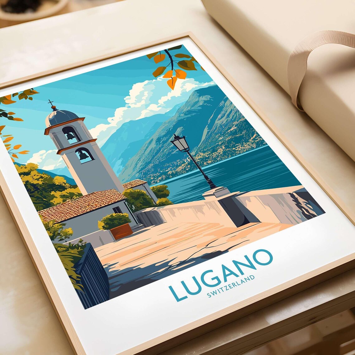 Lugano Switzerland Lakeside Promenade Bell Tower Travel Poster