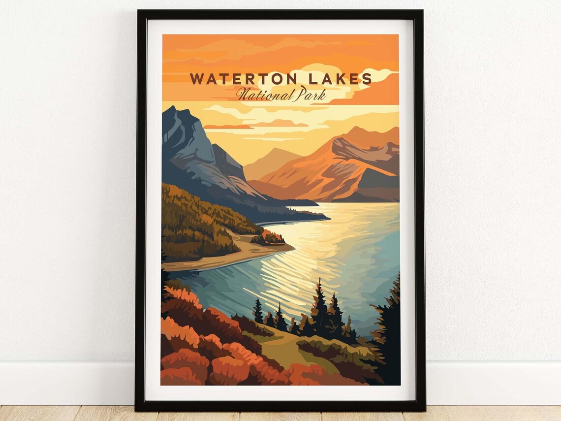 Waterton Lakes National Park Canada Lake Sunset Peaks Poster