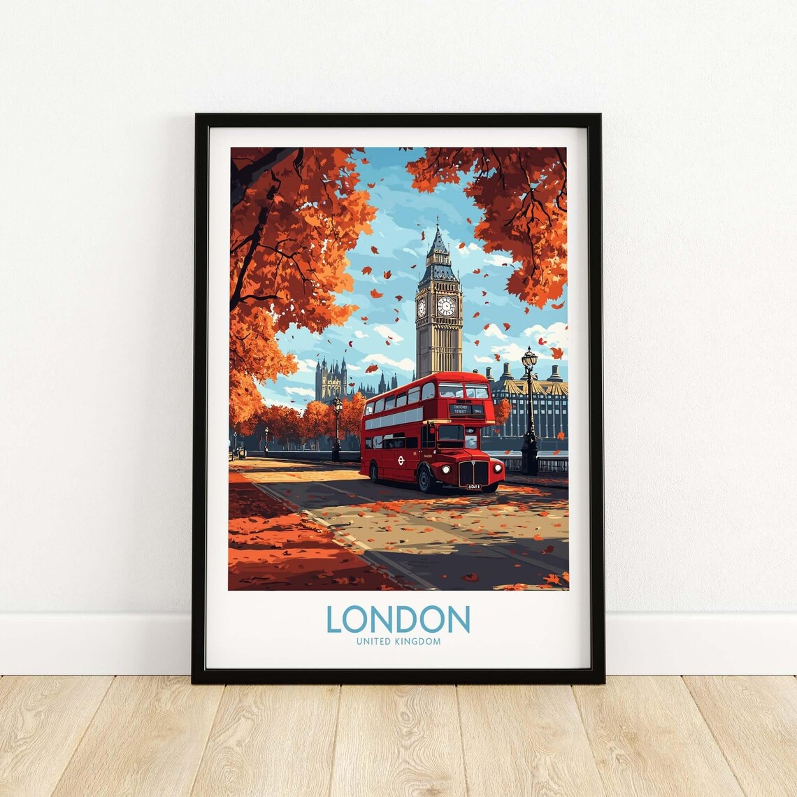 London UK Big Ben Red Bus Autumn Falling Leaves Travel Poster - Image 3