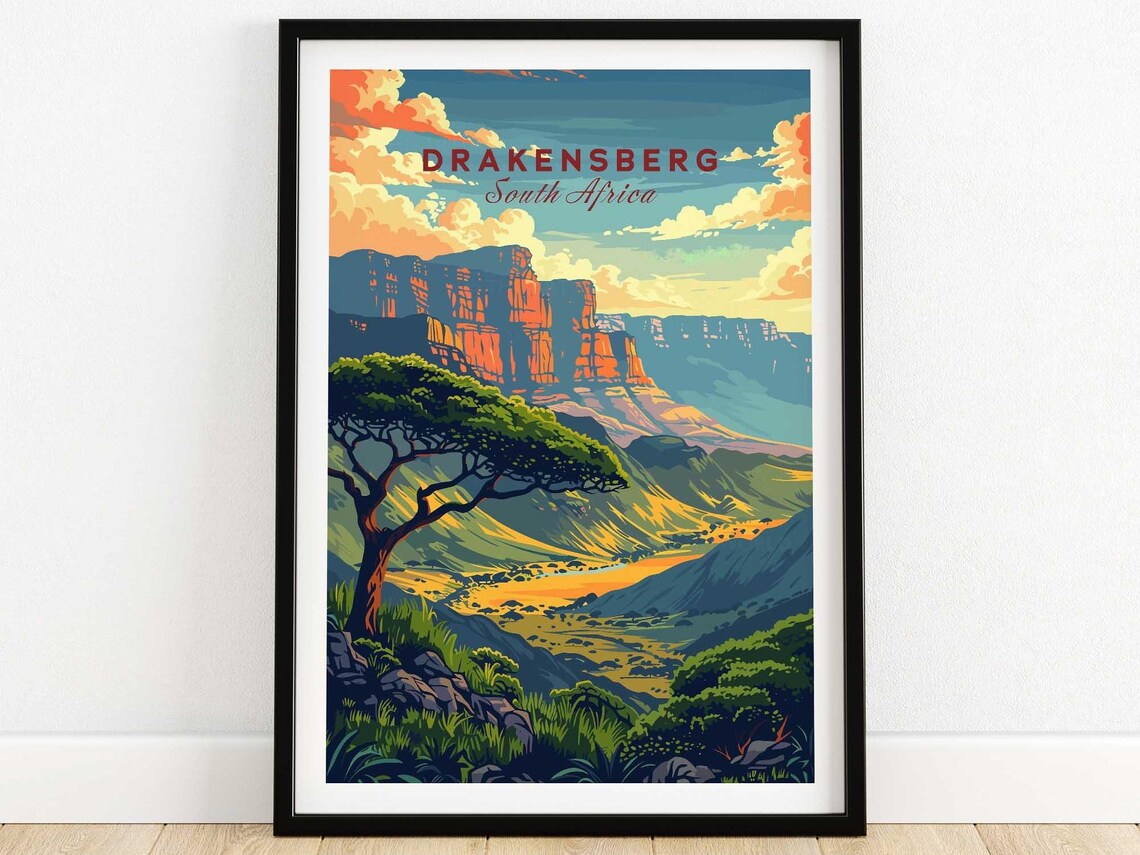 Drakensberg South Africa Acacia Tree Sunset Vintage Travel Poster