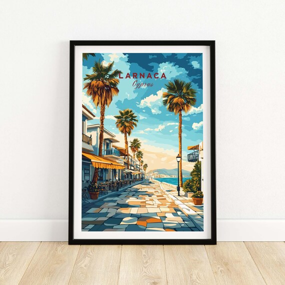 Larnaca Cyprus Seaside Promenade Palm Trees Retro Travel Poster