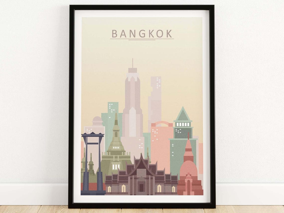 Bangkok Thailand Pastel Skyline Temple Minimalist Travel Poster