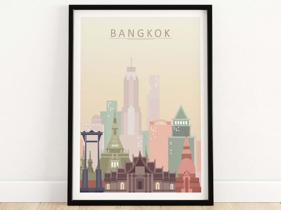 Bangkok Thailand Pastel Skyline Temple Minimalist Travel Poster