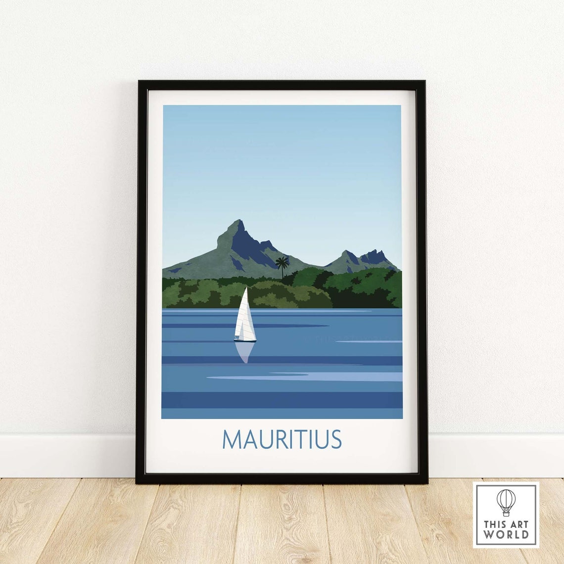 Mauritius Sailboat Lagoon Mountains Illustration Travel Poster