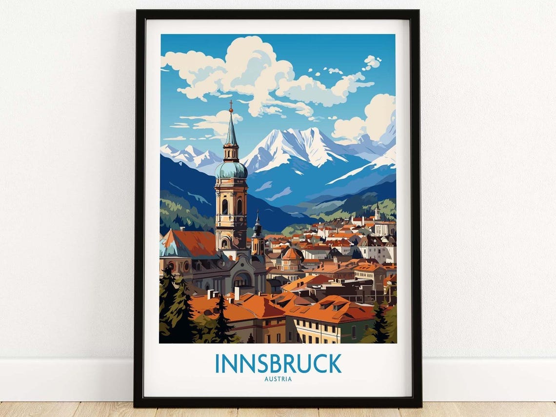 Innsbruck Austria Snowy Alpine Peaks Church Tower Old Town Poster