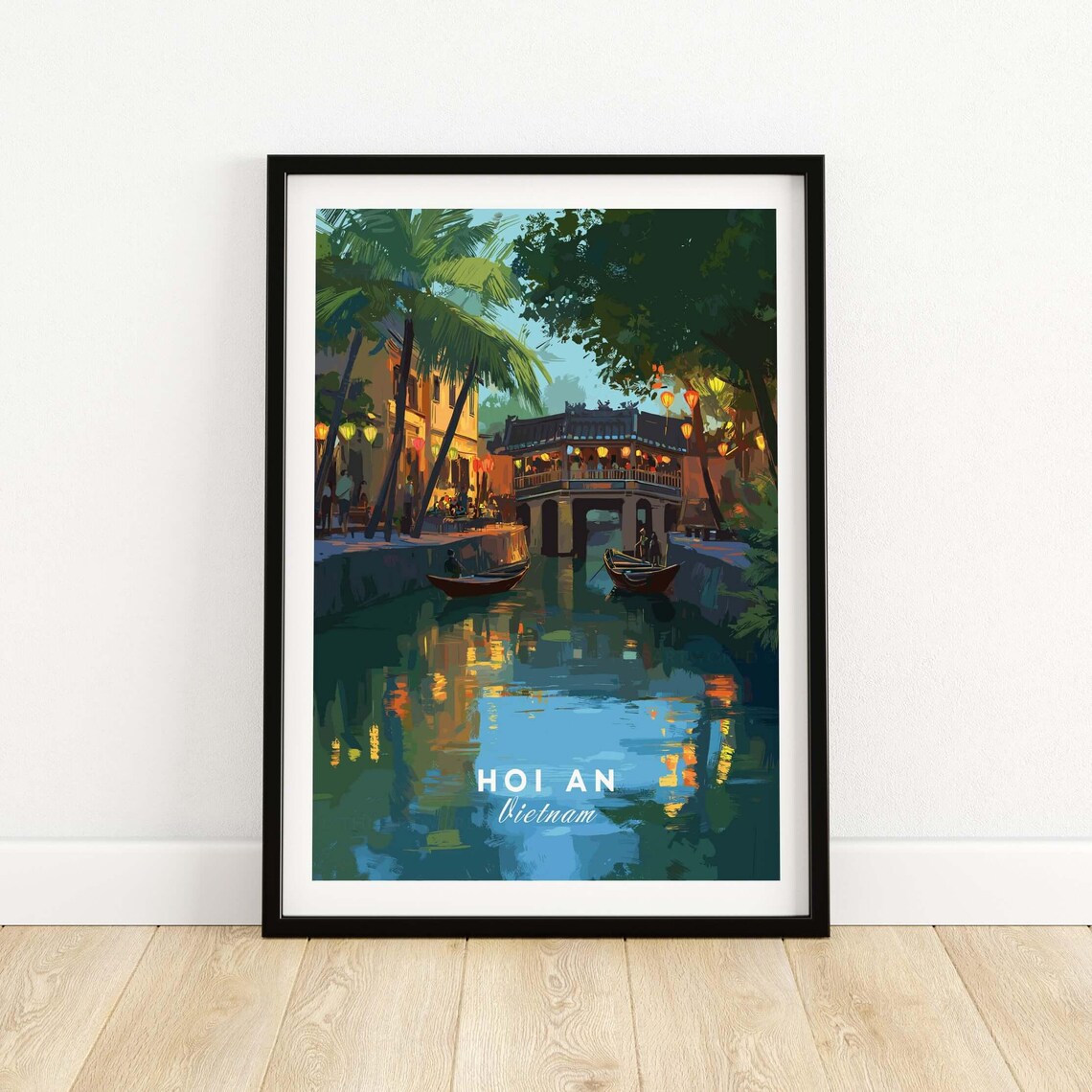 Hoi An Vietnam Covered Bridge Night Lanterns Travel Poster Scene