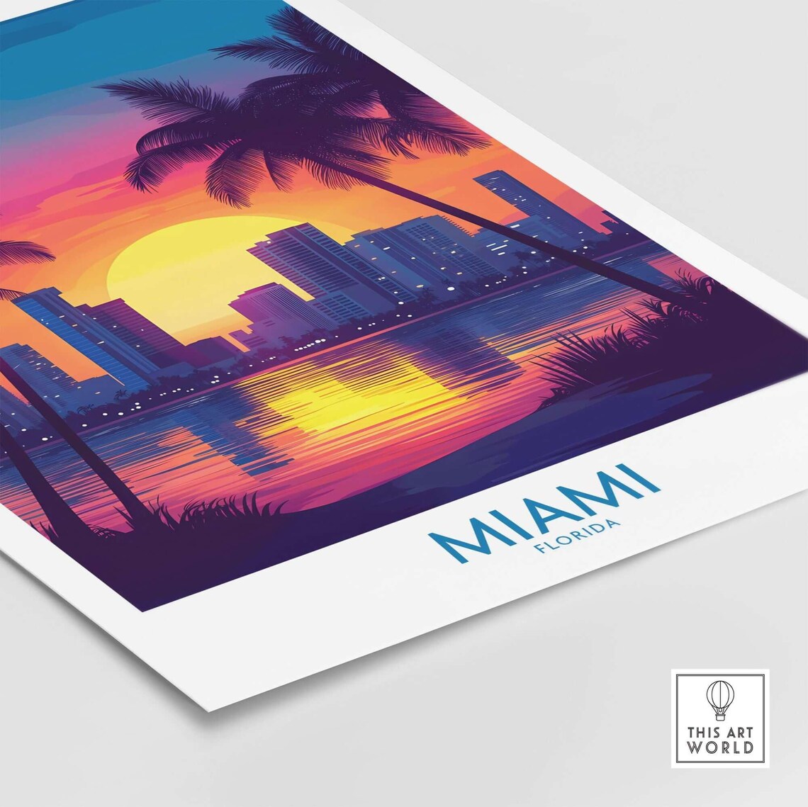 Miami Florida Neon Sunset Skyline Palm Silhouette Travel Poster - Image 4