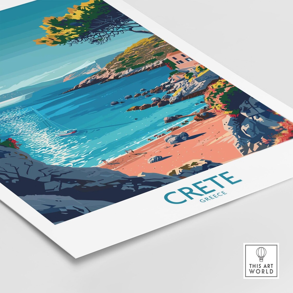 Crete Greece Turquoise Cove Sailboat Rock Beach Moon Art Poster - Image 4