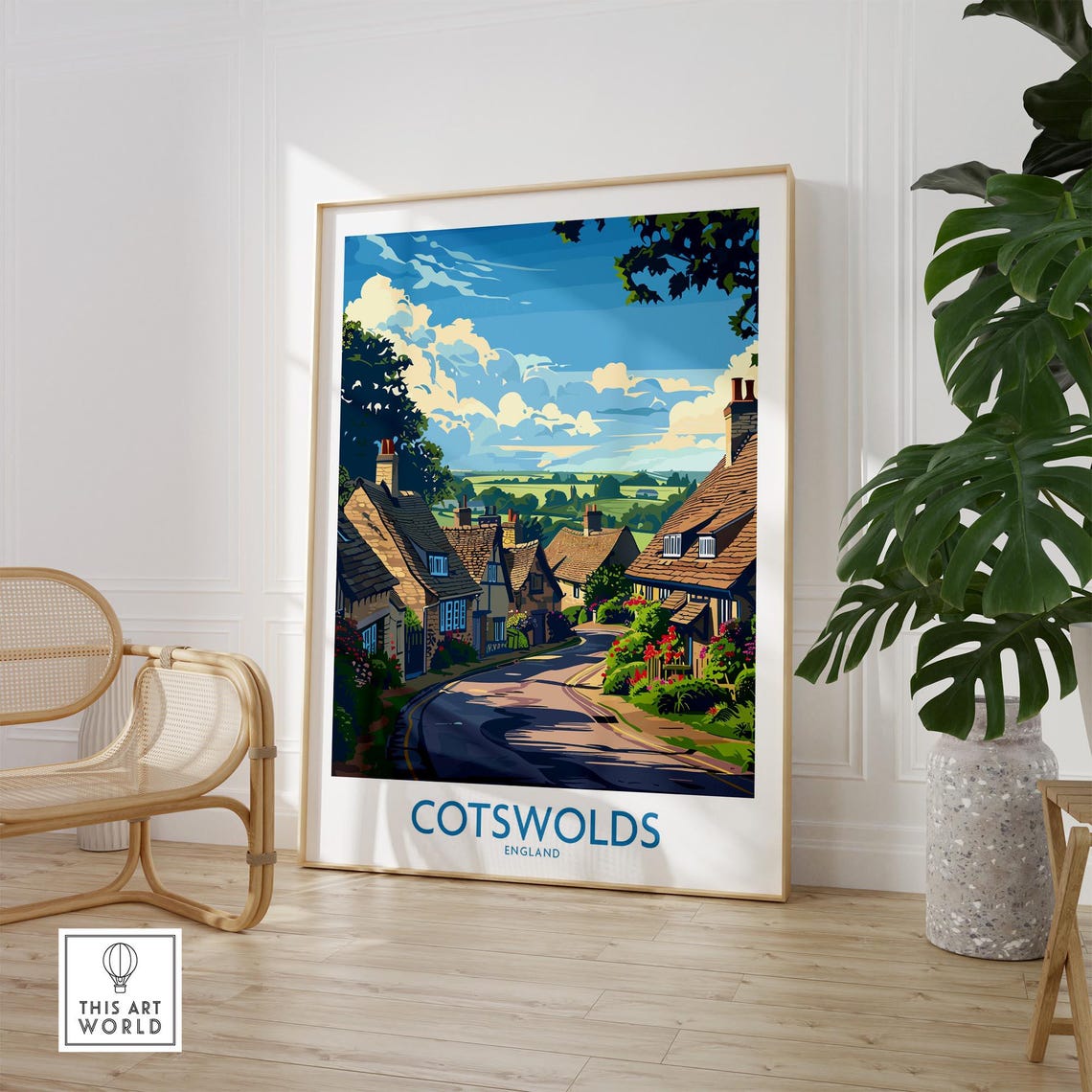 Cotswolds England Stone Cottage Village Lane Flower Art Poster - Image 2