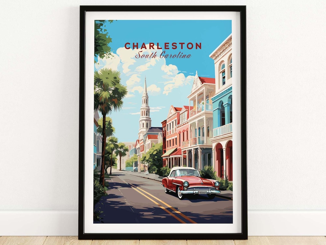 Charleston South Carolina Historic Street Vintage Car Travel Poster