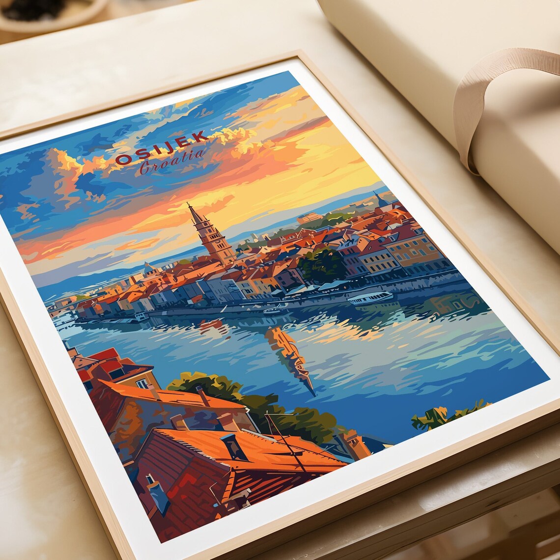 Osijek Croatia River Panorama Church Spire Boats Evening Travel Poster