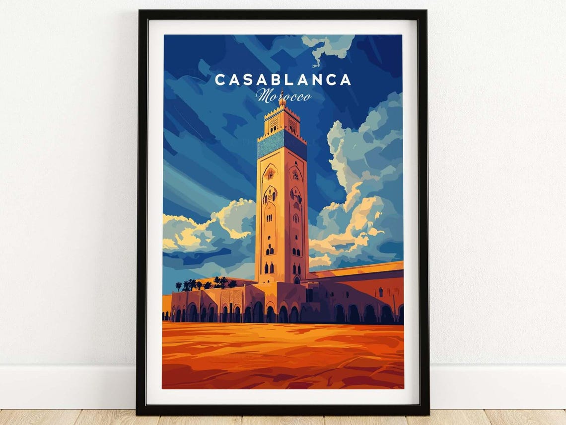 Casablanca Morocco Grand Mosque Minaret Sunset Sky Travel Poster