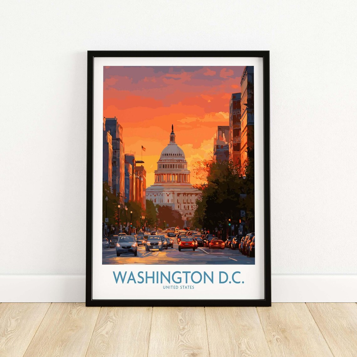 Washington DC Capitol Sunset Orange Sky Vintage Travel Poster United States