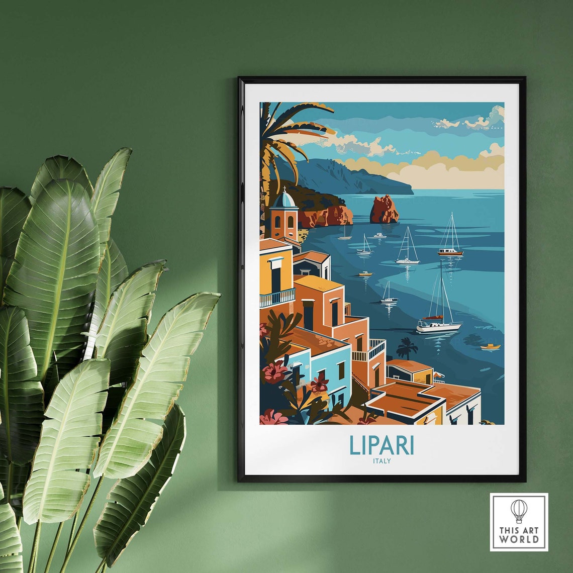 Lipari Italy Hillside Town Overlooking Sailboat Bay Vista Poster - Image 2