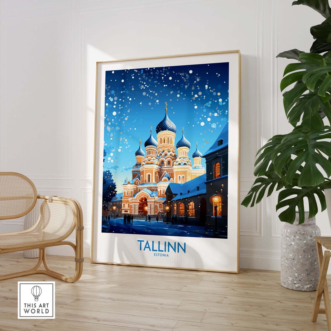Tallinn Estonia Snowy Cathedral Winter Night City Travel Poster - Image 2