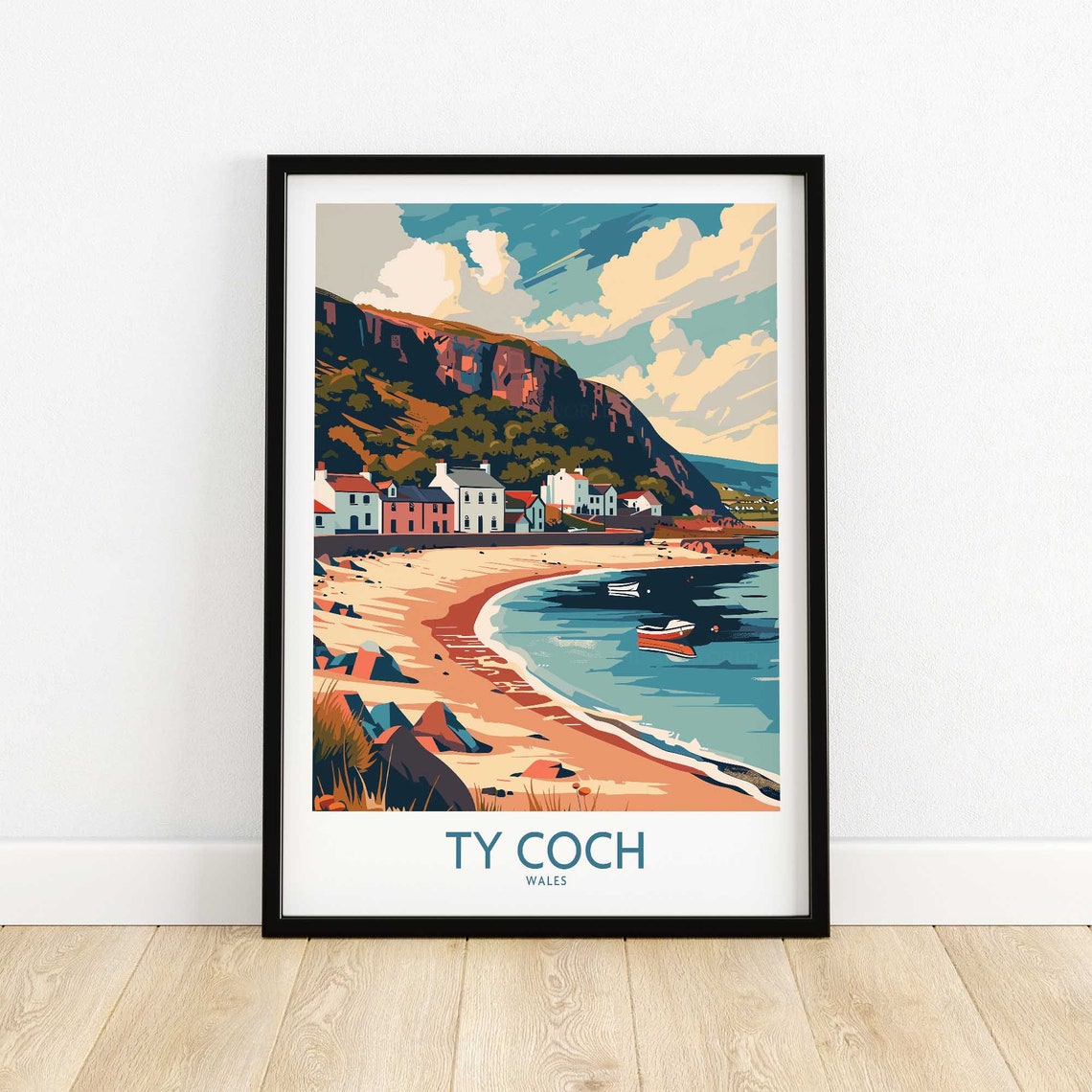 Ty Coch Wales Colorful Coastal Village Beach Scene Travel Poster