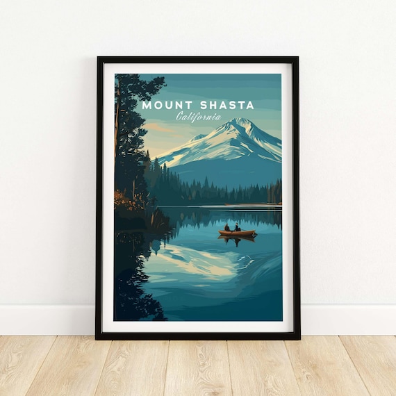 Mount Shasta California Lake Canoe Teal Vintage Style Travel Poster