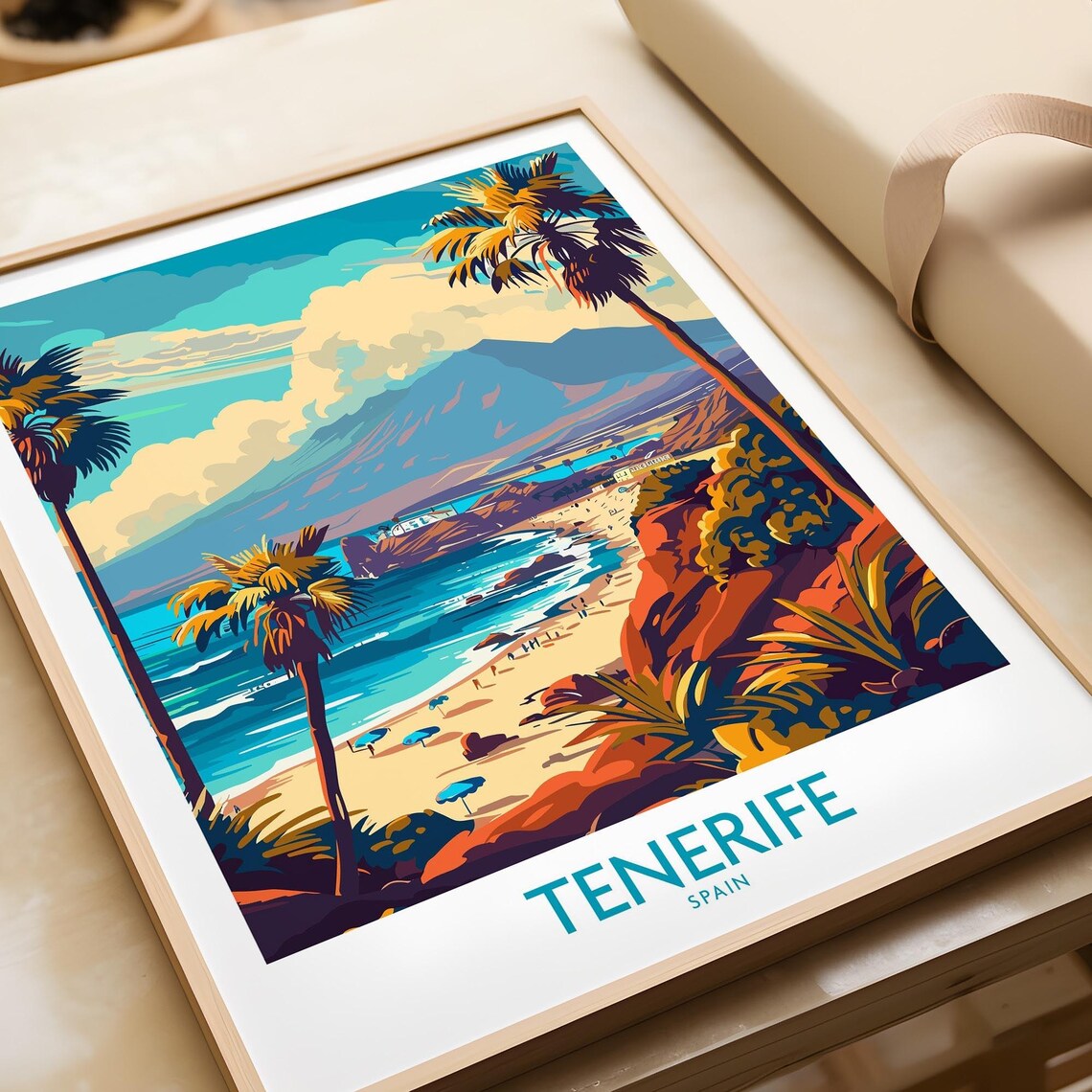 Sunny Tenerife Spain Palm Beach Umbrellas Bay Retro Coast Poster