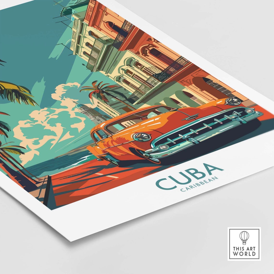Cuba Caribbean Classic Car Oceanfront Promenade Palms Travel Poster - Image 4