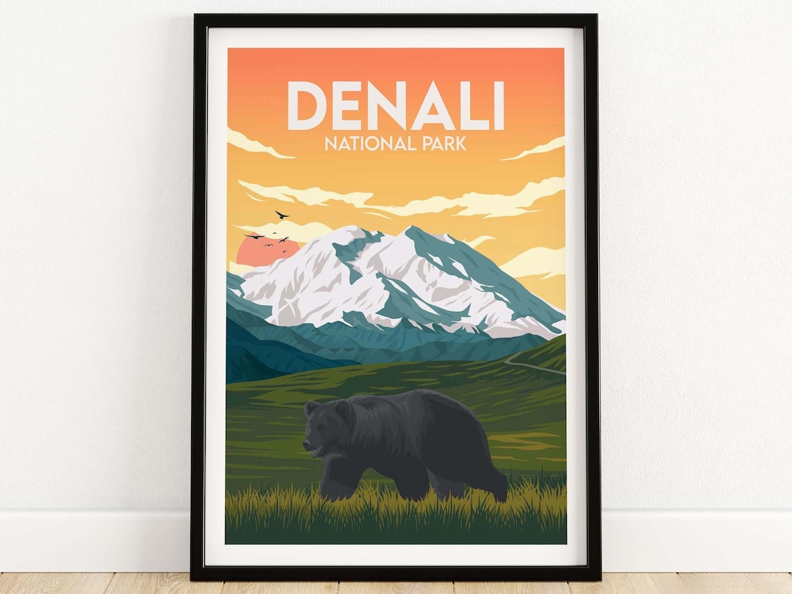 Denali National Park Alaska Travel Poster, Bear Art Print