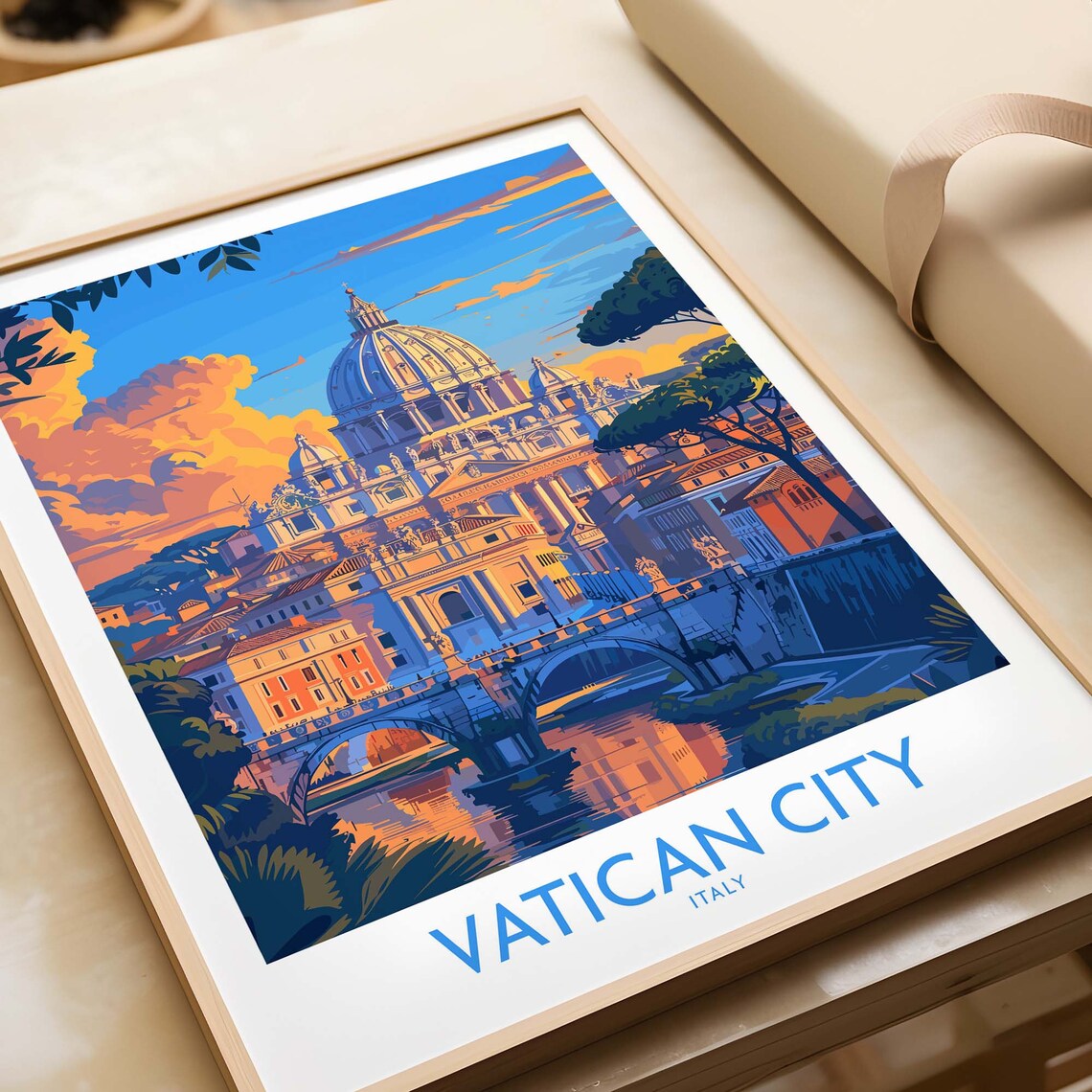 Vatican City Italy St Peters Basilica Dome Sunset Vintage Travel Poster