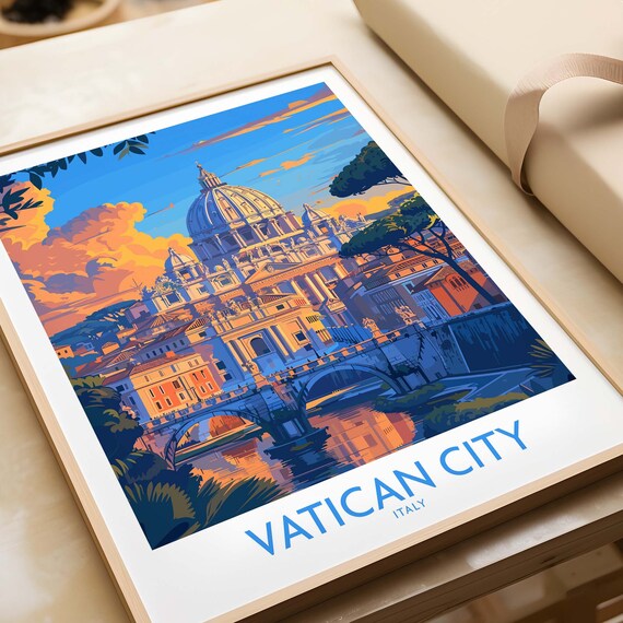 Vatican City Italy St Peters Basilica Dome Sunset Vintage Travel Poster