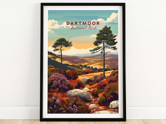 Dartmoor National Park Heather Moorland Pines Vintage Travel Poster