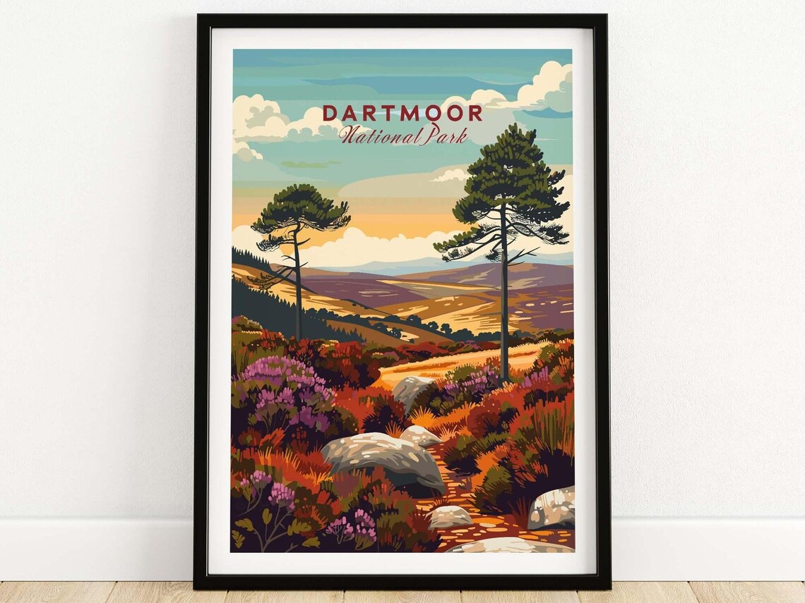 Dartmoor National Park Heather Moorland Pines Vintage Travel Poster