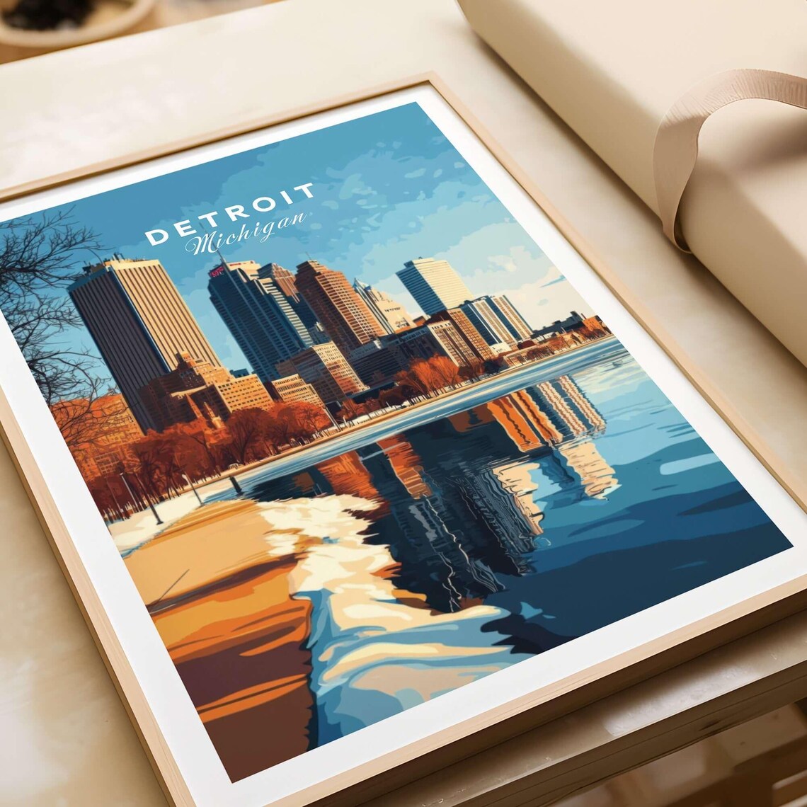 Detroit Michigan Golden Hour Winter Riverbank Travel Art Poster - Image 3