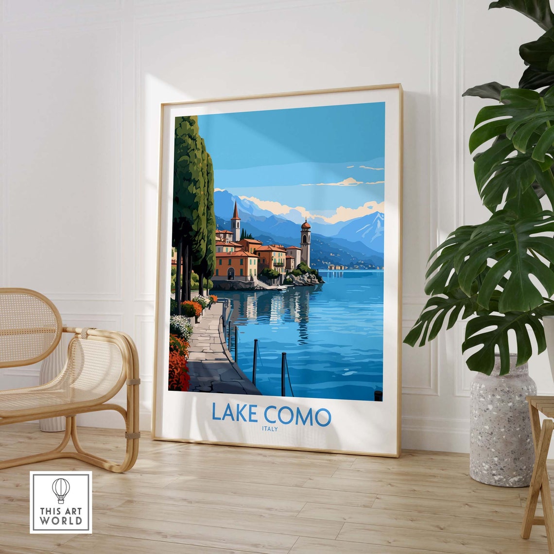 Retro Lake Como Italy Village Lake Shore Cypress Trees Poster - Image 3