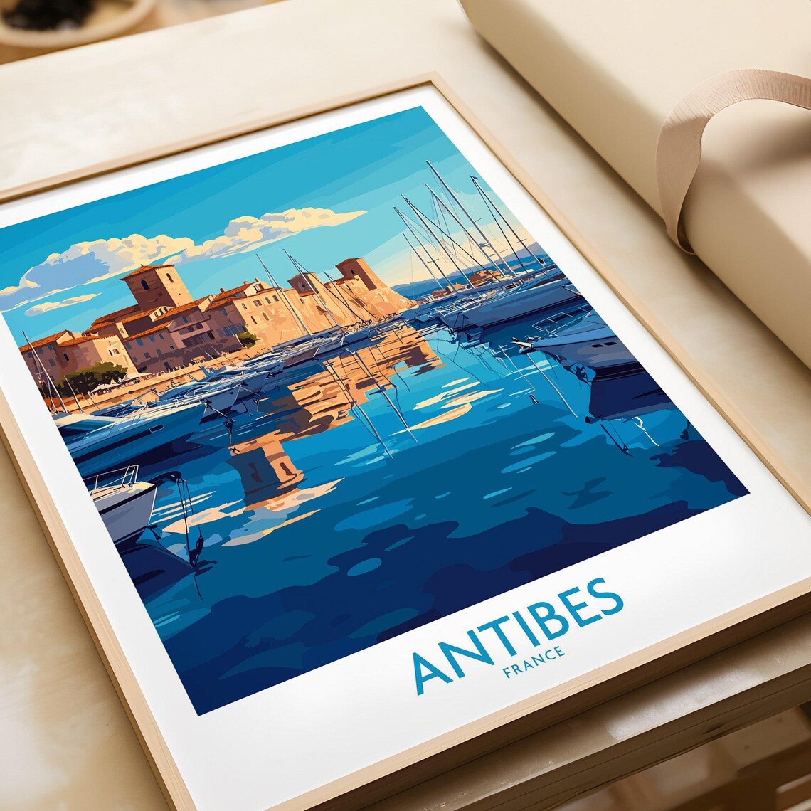 Antibes France Marina Boats Fort Waterfront Golden Travel Poster