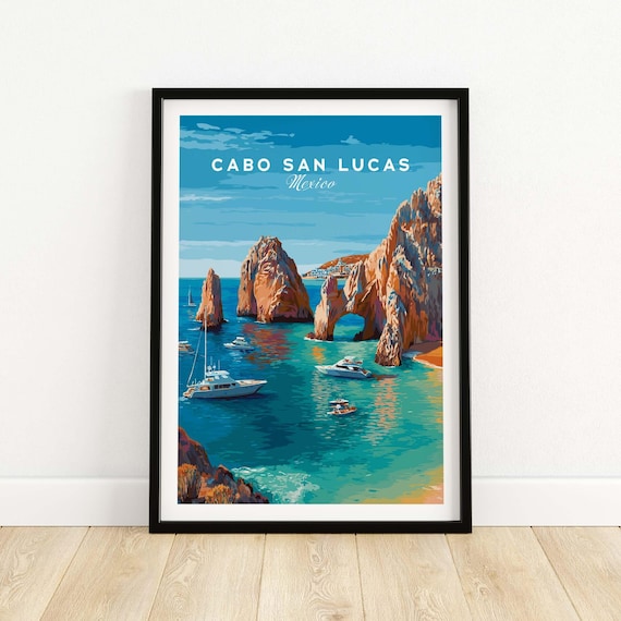 Mexico Cabo San Lucas El Arco Seascape Print Boats Cliffs Travel Poster Wall Art Gift Lovers Illustration