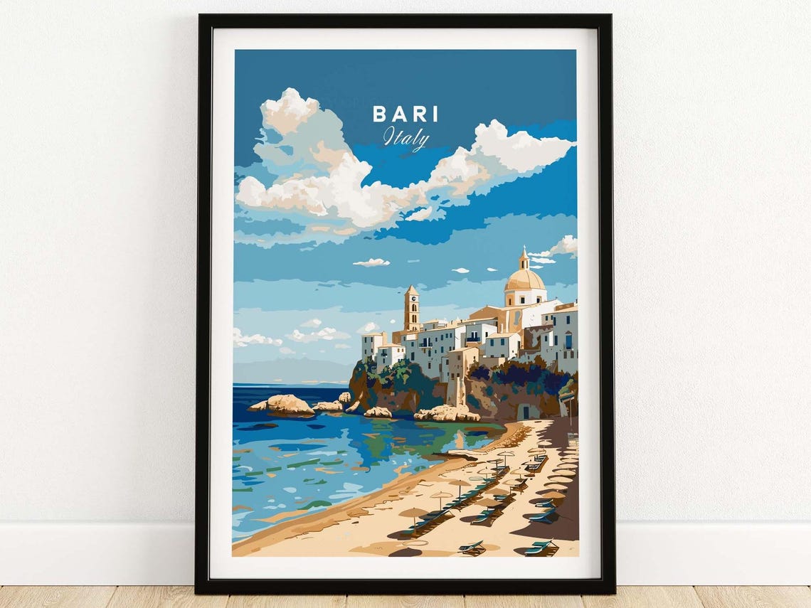 Bari Italy Sandy Beach Old Town Cliff Sun Umbrellas Sea Poster