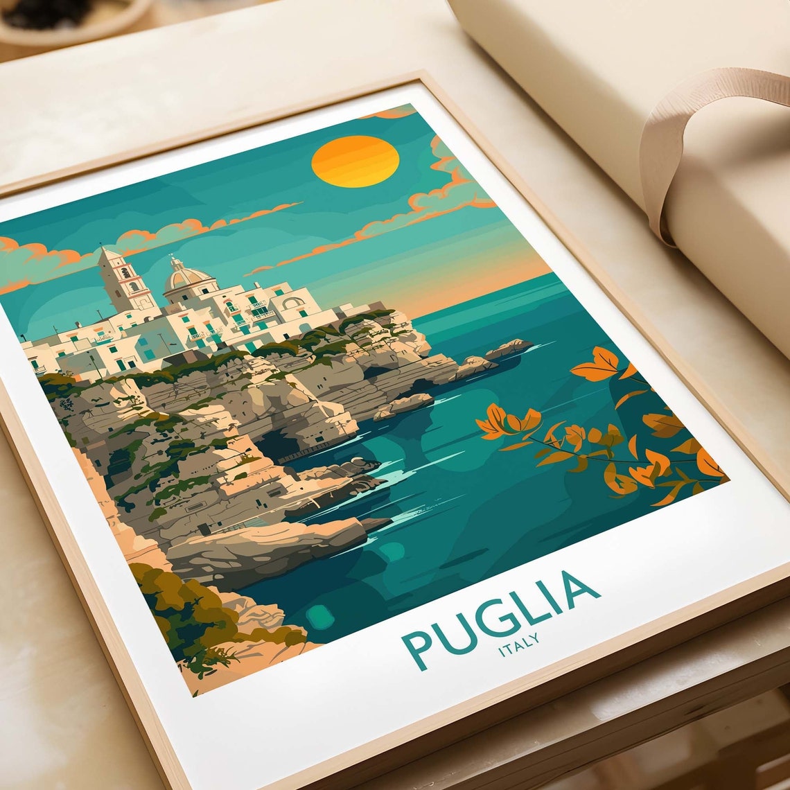 Puglia Italy Cliffside Old Town Sun Over Sea Coast Travel Poster