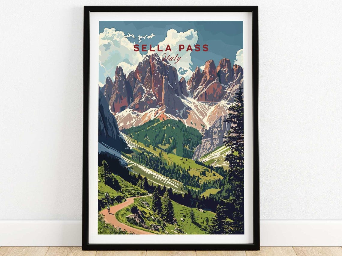 Sella Pass Italy Dolomites Peaks Vintage Red Text Travel Poster