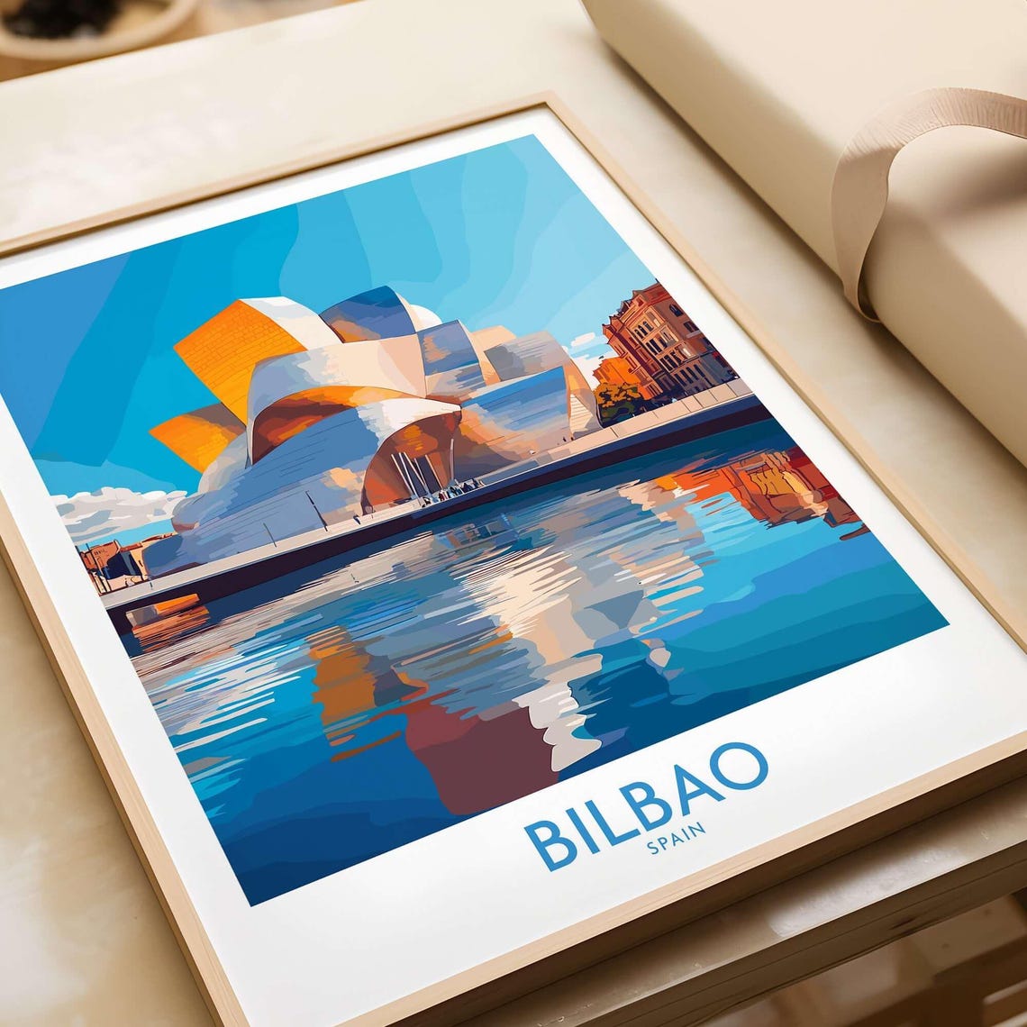 Bilbao Spain Guggenheim Museum River Reflection Modern Travel Poster