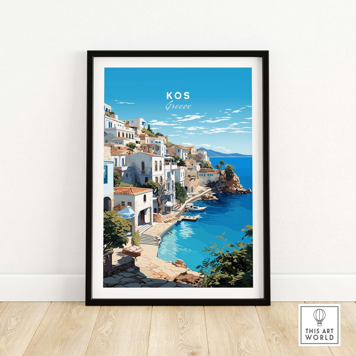 Kos Greece Blue Sky White Village Hillside Beach Travel Poster