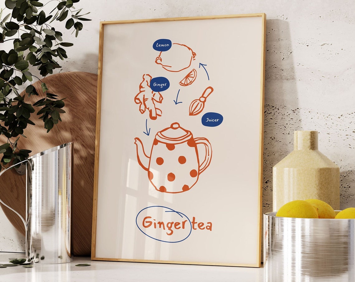 Ginger Tea Recipe Lemon Ginger Teapot Kitchen Illustration Art Poster