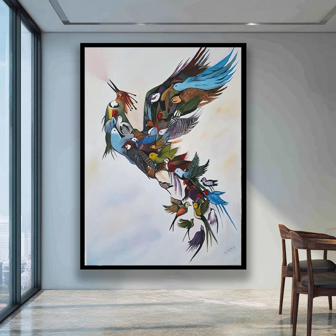 Colorful Bird Flock Forming Soaring Bird Shape Nature Art Poster