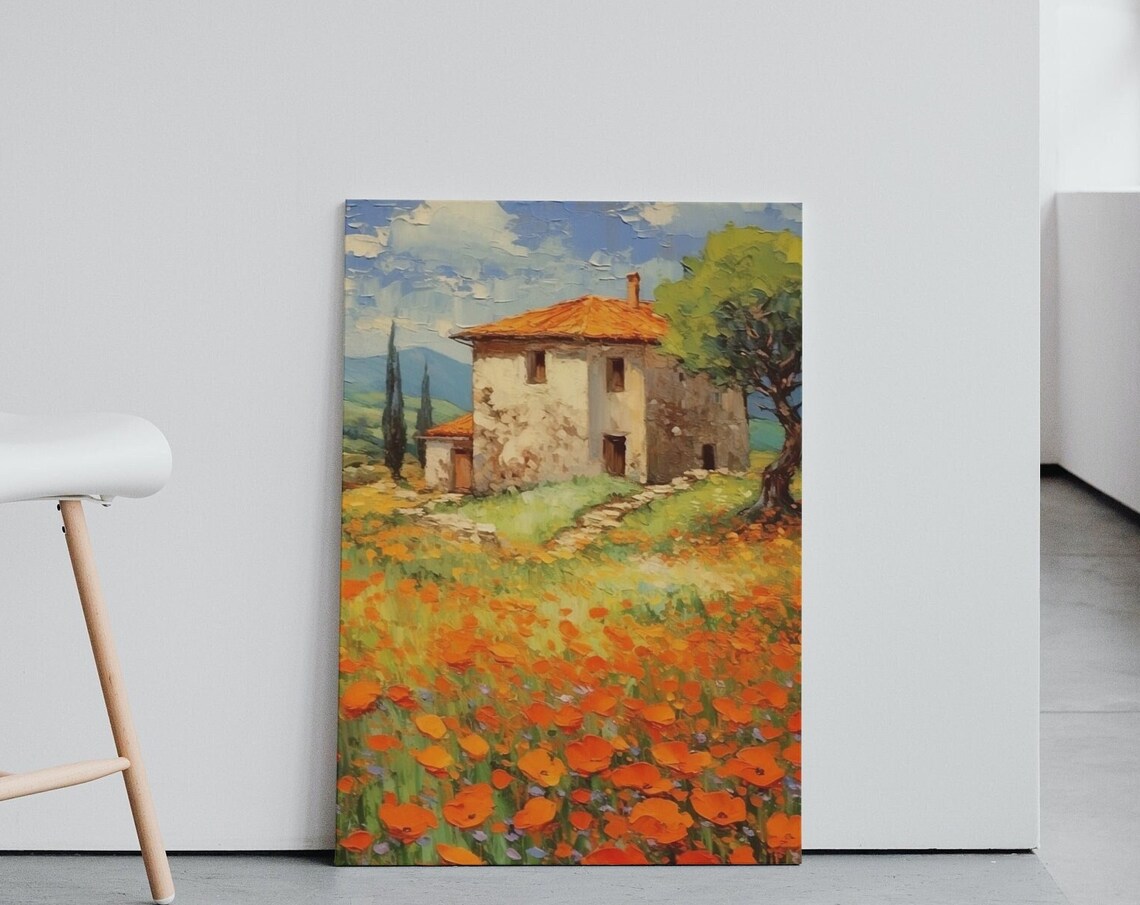 Rustic Stone Farmhouse Orange Poppy Field Country Landscape Poster
