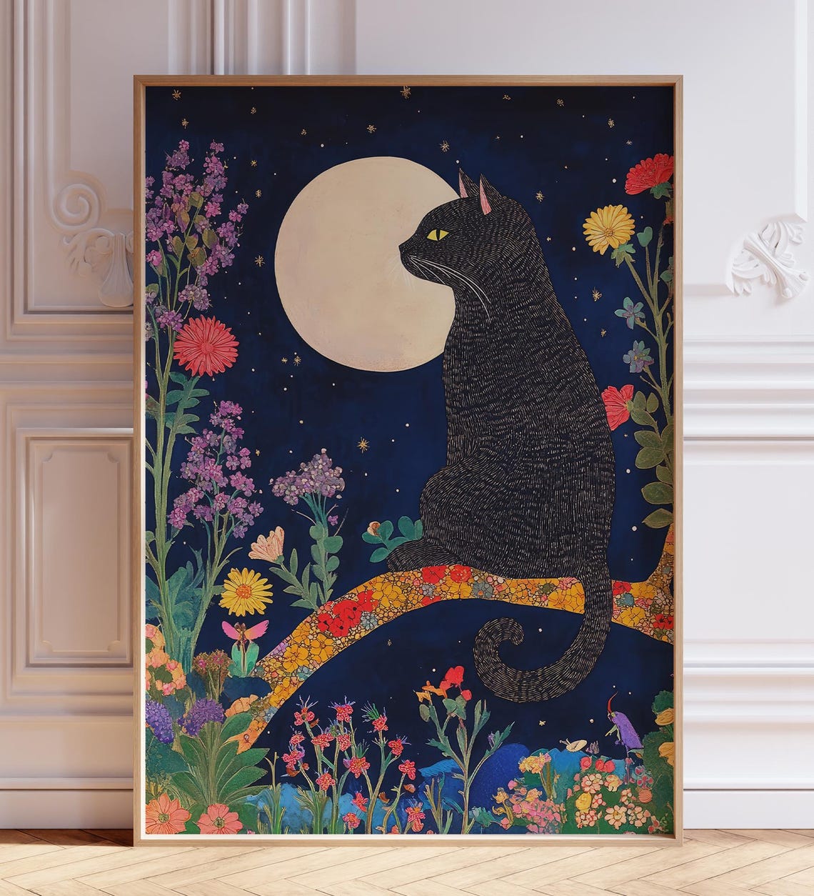 Black Cat on Moonlit Floral Branch Witchy Night Garden Poster