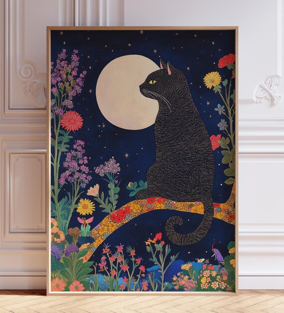 Black Cat on Moonlit Floral Branch Witchy Night Garden Poster